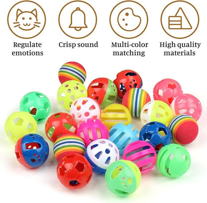 24pcs Value Pack Plastic Ball Cat Toys Lattice Balls with Bell Jingle Kitten Toy Rainbow Ball, Gift Box Styles - PAWPICO