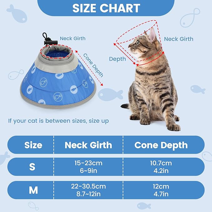Cat Cone Collar Soft, Cat Cones to Stop Licking, Adjustable Cat Cone Water Resistant, Foldable, Adjustable, Lightweight (Blue Fish, Medium) IDOGCHEW