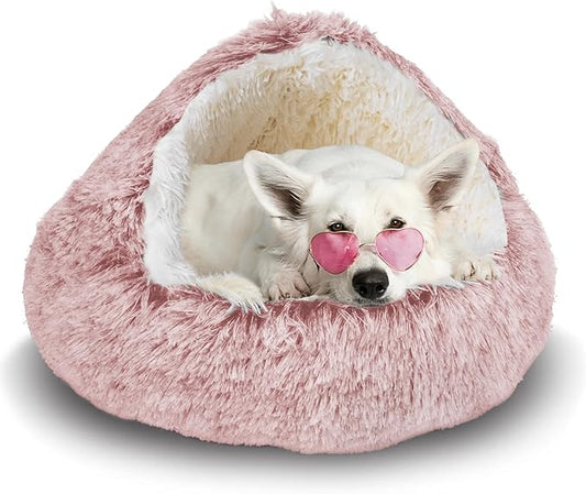ShinHye Cat Bed Round Plush Fluffy Hooded Cat Bed Cave, Cozy for Indoor Cats or Small Dog beds, Soothing Pet Beds Doughnut Calm Anti-nxiety Dog Bed - Waterproof Bottom Washable (26×26inch, Pink) - PAWPICO