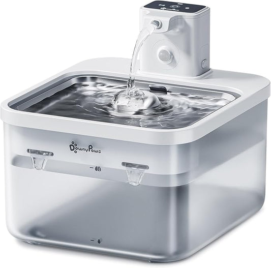 DownyPaws Battery Operated Cat Water Fountain Stainless Steel, 84oz/2.5L Fursink Wireless Pet Water Fountain for Cats Inside, Automatic Dog Water Dispenser with Faucet, Quiet Pump, BPA-Free, White - PAWPICO