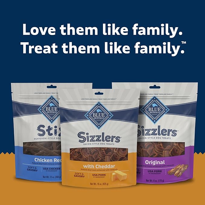 Blue Buffalo Sizzlers Bacon-Style Dog Treats with Real USA Pork, Cheddar Flavor, 15-oz Bag - PAWPICO