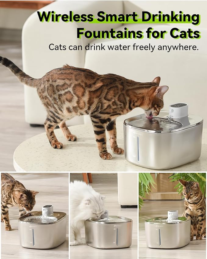 Wireless Cat Water Fountain, 135 fl oz/4L Battery Operated Cat Fountain Stainless Steel with Water Level Window, 3 Work Modes, Cordless Pet Water Fountain for Cats, Dogs, Pets, Inside - PAWPICO