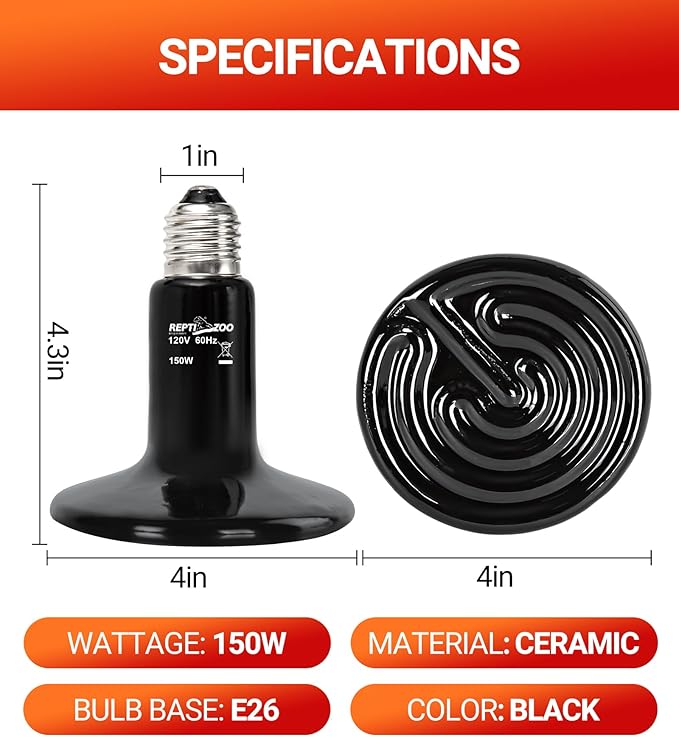 REPTI ZOO 150W Reptile Heat Lamp 2Pack Ceramic Heat Emitter Night Heat Lamp Bulbs Reptile Terrarium Heat lamp Tank Heat Bulb for Turtle Bearded Dragon Gecko Lizard Snake Chicken E26 REPTIZOO