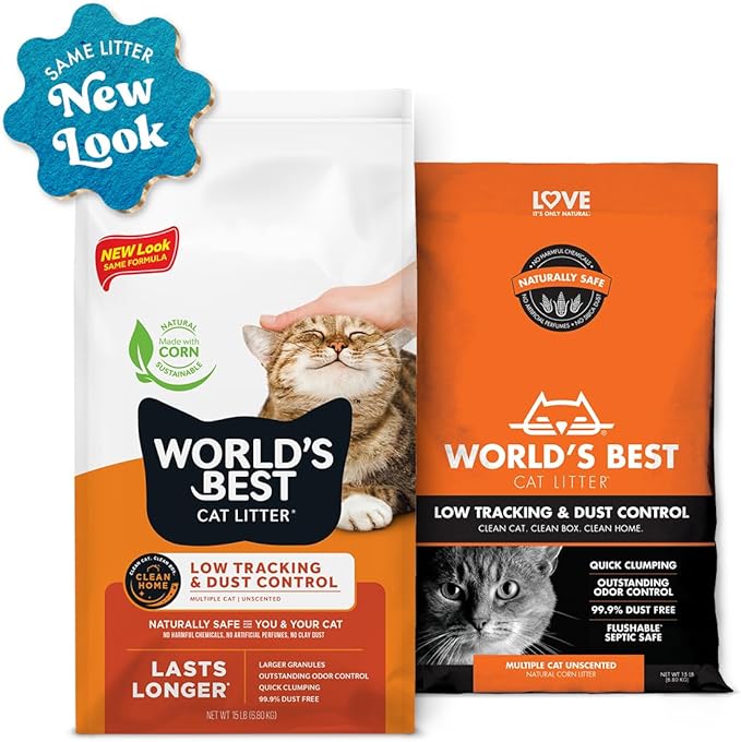 WORLD'S BEST CAT LITTER Low Tracking & Dust Control Multiple Cat Unscented 15-Pounds - Natural Ingredients, Quick Clumping, Flushable & Made in USA - Long-Lasting Odor Control & Easy Scooping - PAWPICO