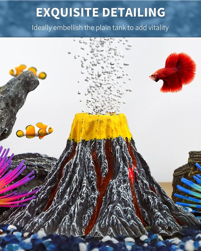 Uniclife Aquarium Volcano Ornament Kit Realistic Resin Volcanic Decoration with Air Stone Bubbler Colorful LED Light Decor for Fish Tank Landscape Addition and Oxygenation UnicLife