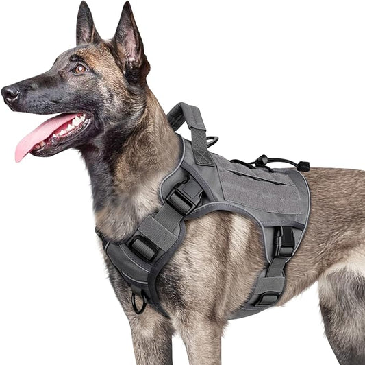 WINGOIN Grey Tactical Dog Harness Vest for Small Dogs No Pull Adjustable Reflective K9 Military Dog Service Dog Harnesses with Handle, Hook & Loop Panels for Walking, Hiking, Training(S) WINGOIN