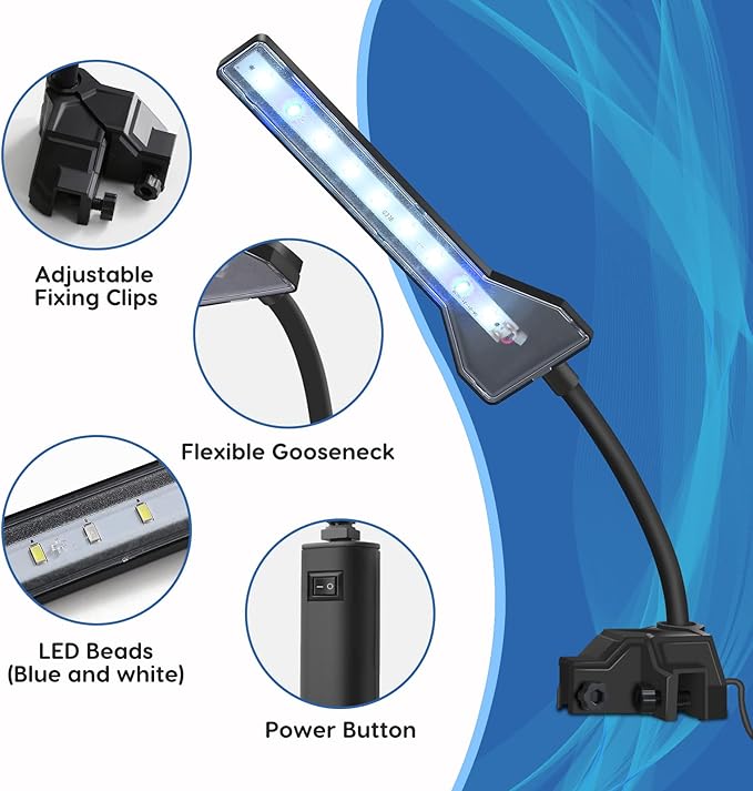 FYD LED Aquarium Light, 2.9W Clip on Aquarium Light Suitable for Uncovered Aquariums Under 15 Inches, Fish Tank Light with White & Blue Lights, Aquarium Plant Light for Reef Coral Aquatic Plants FYD