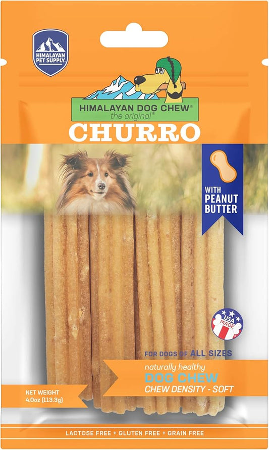 Himalayan Dog Chew Churro Yak Cheese Dog Chews, 100% Natural, Long Lasting, Gluten Free, Healthy & Safe Dog Treats, Lactose & Grain Free, Protein Rich, Real Peanut Butter Flavor, 4 Churros Per Pouch - PAWPICO