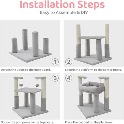 Made4Pets Cat Tree for Indoor Cats, Cat Tower with 2 Natural Sisal Scratching Post for Kitten, Kitty Cat Bed with Pom-pom Dangling Balls, Grey, DIY - PAWPICO