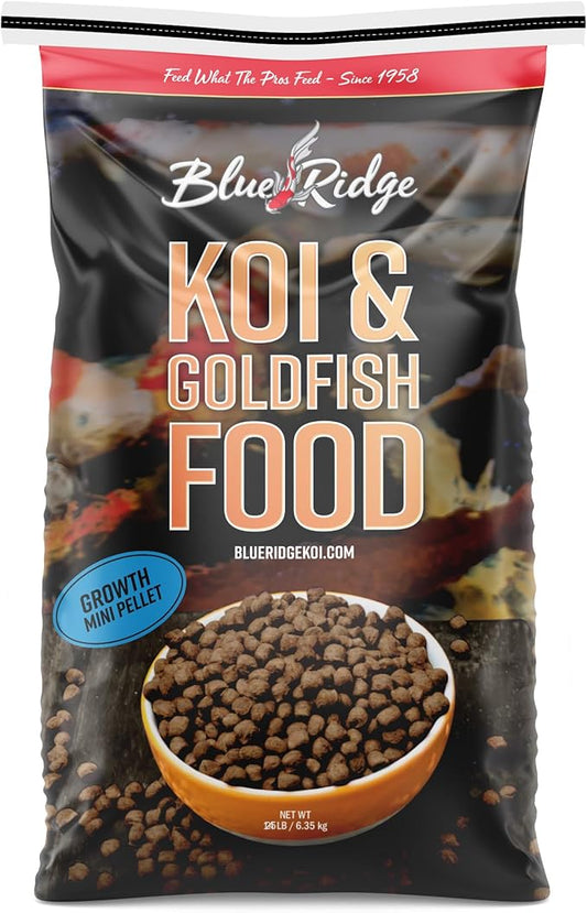 Blue Ridge Koi Fish Food 25lb - Koi Food Mini Growth Formula Goldfish Food, Premium Fish Food for Ponds, Ponds Fish Food, Koi Food Fall and Winter Fish Food, Floating Pond Pellets Fish Food BlueRidgeFishHatchery