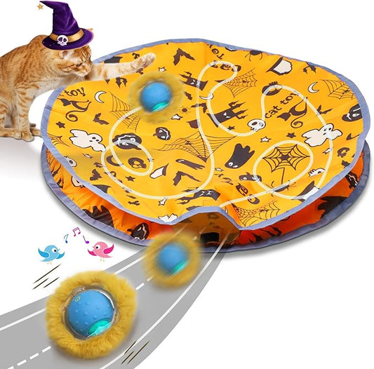 Interactive Cat Toys Ball Fast Rolling in Pouch, Motion Activate Chirping Cat Toy Hide and Seek Mouse Catching Game (Halloween Party) - PAWPICO
