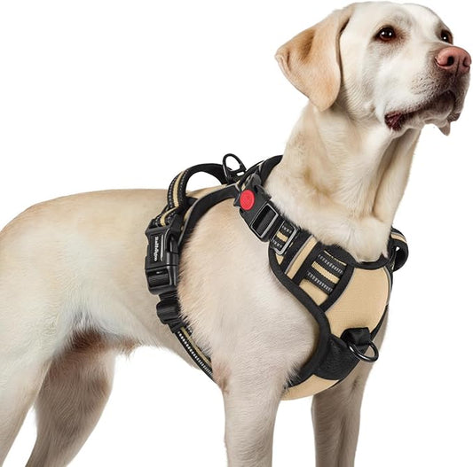 rabbitgoo Dog Harness for Large, No Pull Pet Harness with 3 Buckles, Adjustable Soft Padded Pooch Vest with Instant Control Handle, Easy Walking Reflective Pet Vest for Large Dogs, Beige, L rabbitgoo