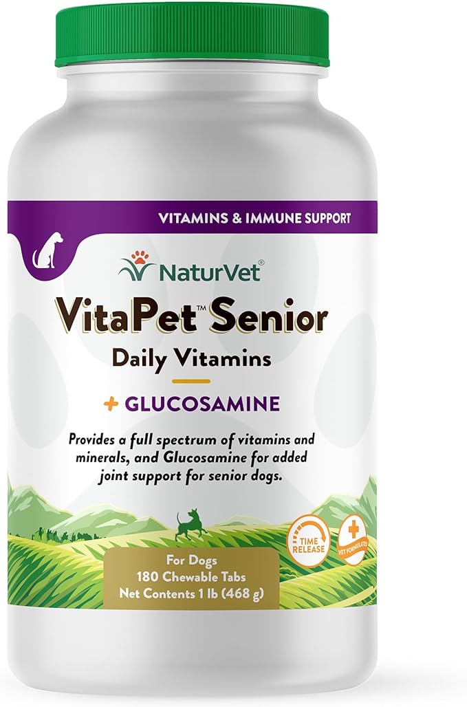 NaturVet VitaPet Senior Daily Vitamins Plus Glucosamine, Dog Multivitamin Supplement, Chewable Tablets, Time Release, Made in The USA with Globally Source Ingredients 180 Count NaturVet