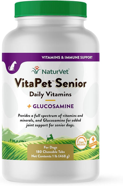 NaturVet VitaPet Senior Daily Vitamins Plus Glucosamine, Dog Multivitamin Supplement, Chewable Tablets, Time Release, Made in The USA with Globally Source Ingredients 180 Count NaturVet