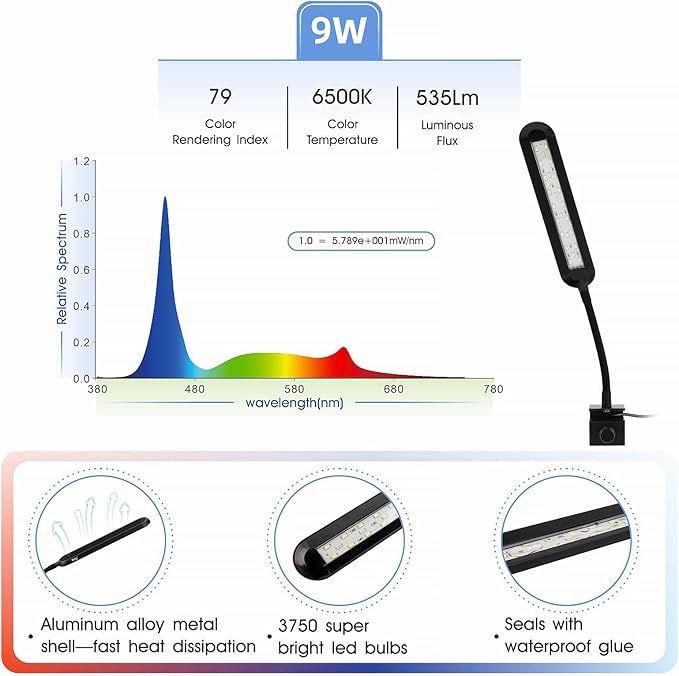 hygger 5-10 Gallon Nano Tank Mini Clip-on Aquarium Light with White Blue Red LEDs Fish Tank Lighting Built-in Timer 5 Brightness Levels 9W hygger