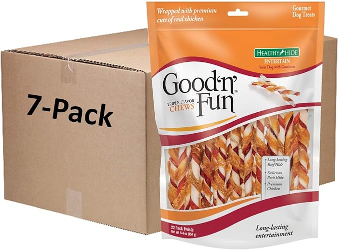 Good 'N' Fun Triple Flavor Twist Rawhide Treats For Dogs, 22 count (7 pack) - PAWPICO