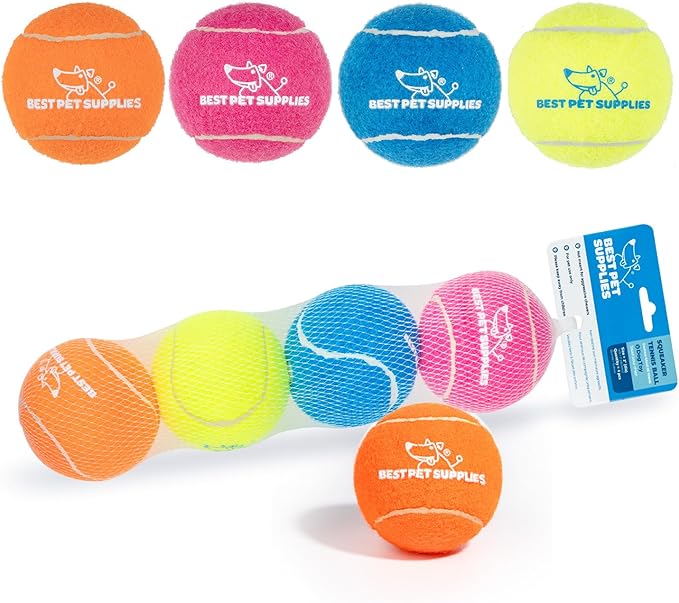 Best Pet Supplies Squeaky Tennis Toys for Dogs, 4-Pack, Heavy-Duty Interactive Pet Toys for Throwing and Fetching, Supports Exercise and Natural Behavior Training, Durable - Large - PAWPICO