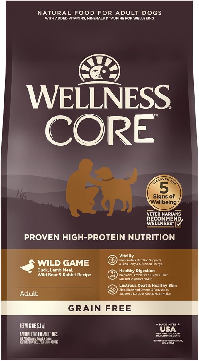 Wellness CORE Grain-Free High-Protein Dry Dog Food, Natural Ingredients, Made in USA with Real Meat, All Breeds, For Adult Dogs (Wild Game Duck, Lamb Meal, Boar & Rabbit, 12-Pound Bag) - PAWPICO
