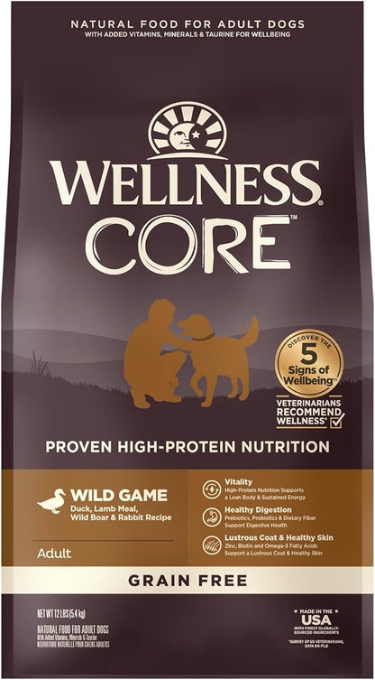 Wellness CORE Grain-Free High-Protein Dry Dog Food, Natural Ingredients, Made in USA with Real Meat, All Breeds, For Adult Dogs (Wild Game Duck, Lamb Meal, Boar & Rabbit, 12-Pound Bag) - PAWPICO