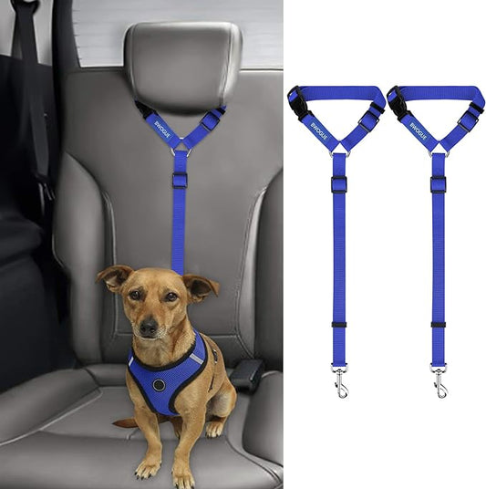 BWOGUE 2 Packs Dog Cat Safety Seat Belt Strap Car Headrest Restraint Adjustable Nylon Fabric Dog Restraints Vehicle Seatbelts Harness Dark Blue BWOGUEPetHome