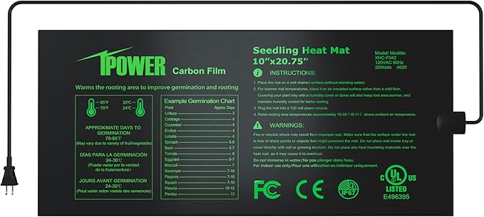 iPower 10" x 20.75" Seeding Heat Mat with New-Upgraded Carbon Film, Indoor Gardening Plant Germination Starting Pad, Durable Waterproof, Black iPower