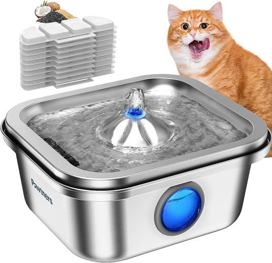 Cat Water Fountain Stainless Steel, 4L/135oz Cat Fountain, Automatic Dog Drinking Dispenser with Water Level Window, 10 Filters, Metal Pet Water Bowl Indoor, Quiet Pump, Easy Cleaning - PAWPICO