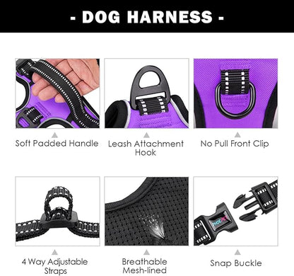 PHOEPET Reflective Dog Harness Large Breed Adjustable No Pull Vest with Handle 2 Metal Rings 3 Buckles [Easy to Put on & Take Off](L, Purple) PHOEPET