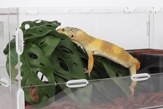 Reptile Plants for Terrarium, Ball Python Tank Decor Accessories fit Bearded Dragon Crested Leopard Gecko Lizard Chameleon Snake Frog Tortoise Hermit Crab - Fake Swiss Cheese Plants WOLEDOE