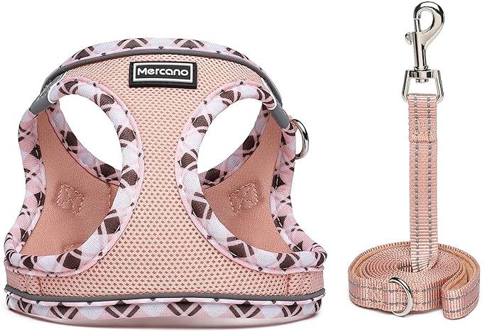 Mercano Soft Mesh Dog Harness and Leash Set, No-Chock Step-in Reflective Breathable Lightweight Easy Walk Escape Proof Vest Harnesses with Safety Buckle for Small Medium Dogs, Cats (Champagne, XL) PAWPICO
