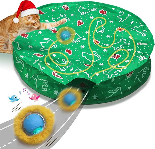 Interactive Cat Toys Ball Fast Rolling in Christmas Pocket, Motion Activate Chirping Cat Toy Hide and Seek Mouse Catching Game (Christmas Party) - PAWPICO