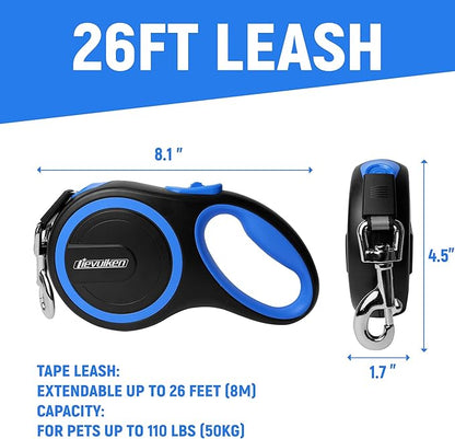 26 FT Retractable Dog Leash with No Tangle, Heavy Duty Great Leash for Dog up to 110lbs, One-Handed Brake, with Non-Slip Handle, Strong Nylon Tape for Small, Medium and Large Dogs LIEVUIKEN