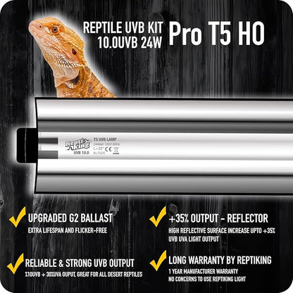 UVB Reptile Light, T5 UVB10.0 24W Light Fixture and UVB Tube Kit, for Desert-Dwelling Reptiles, Bearded Dragon UVB Light ReptiKing