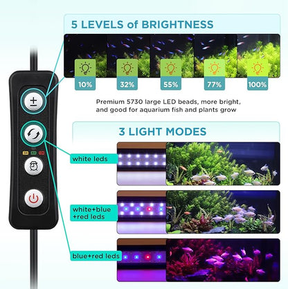hygger 7W Full Spectrum Aquarium Light with Aluminum Alloy Shell and Plastic Extendable Brackets, White Blue Red LEDs, External Controller, for Freshwater Fish Tank (5-9.5 inch) hygger