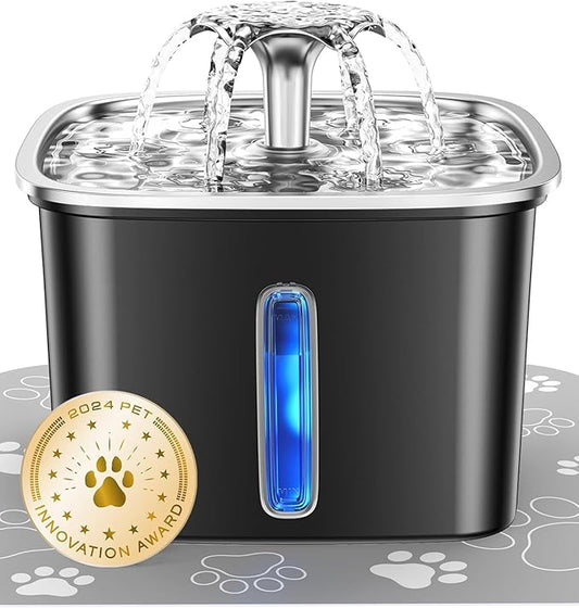 Veken Innovation Award Winner Stainless Steel Cat Water Fountain, 95oz/2.8L Automatic Pet Fountain Dog Water Dispenser with Replacement Filters & Silicone Mat for Cats, Dogs (Space Black) - PAWPICO