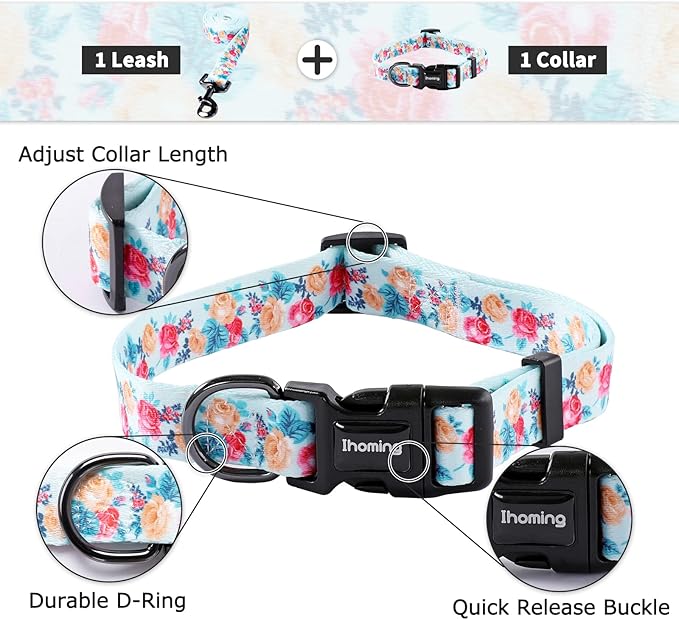 Ihoming Puppy Collar and Leash Set for Daily Outdoor Walking Running Training, Blue Festive Flowers Design for Extra Small Boys Girls Dogs Cats Pets, XS-Up to 10LBS Ihoming