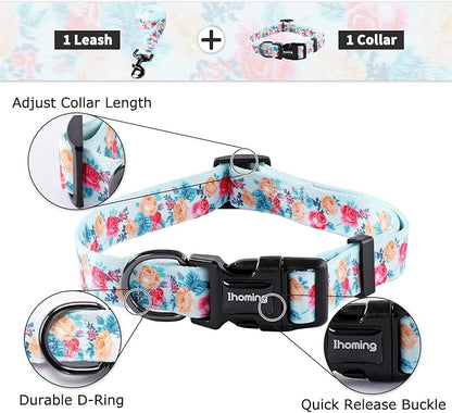 Ihoming Puppy Collar and Leash Set for Daily Outdoor Walking Running Training, Blue Festive Flowers Design for Extra Small Boys Girls Dogs Cats Pets, XS-Up to 10LBS Ihoming