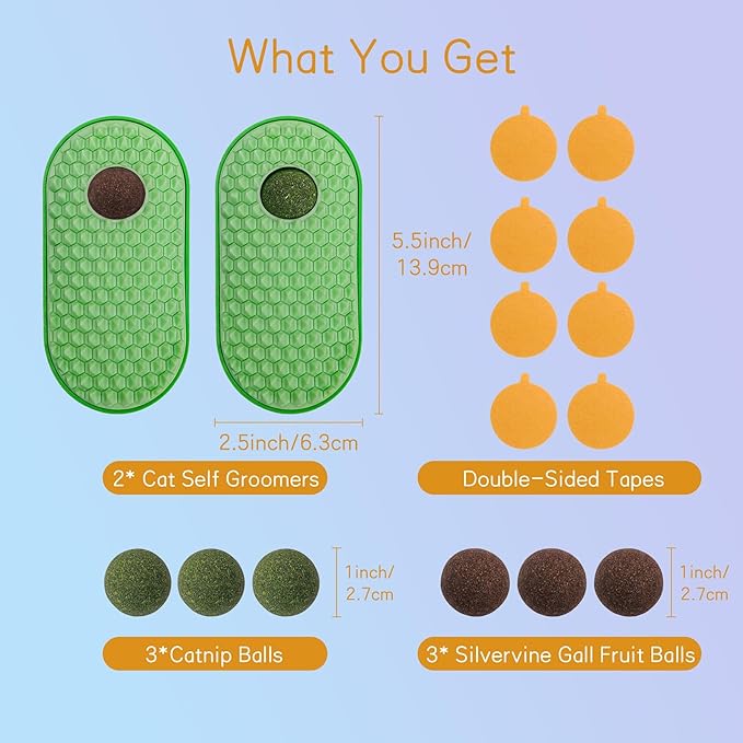 SEVENKA 2 Pack Cat Toys Self-Grooming Cat Brush with 3 Catnip Balls & 3 Gall Fruit, Kitty Kitten Scratcher Self Groomer Catnip Toys for Indoor Cats, Chew Toys Wall Corner Brushes Edible Wall Treats - PAWPICO