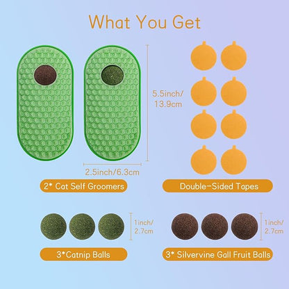 SEVENKA 2 Pack Cat Toys Self-Grooming Cat Brush with 3 Catnip Balls & 3 Gall Fruit, Kitty Kitten Scratcher Self Groomer Catnip Toys for Indoor Cats, Chew Toys Wall Corner Brushes Edible Wall Treats - PAWPICO