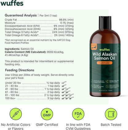 Wuffes Wild Alaskan Salmon Oil for Dogs - Natural EPA & DHA Fatty Acids and Omega 3 for Canines, Healthy Skin and Coat, Joint Support, Reduced Allergic Response - 100% Pure Fish Oil for Pets - 16 Oz Wuffes