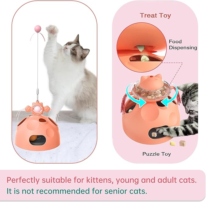 Interactive cat Toys for Indoor Cats, 4 in 1 cat self Moving Toy,Kitten Wand Toy, Spinning Toy, Slow Food Dispenser Feeder Treat Dispensing Feeding pet Supplies Gift (Yellow) - PAWPICO