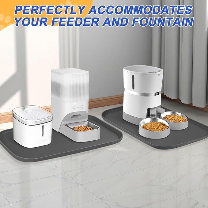 Silicone Pet Feeding Mat with Raised Edge, Dog Cat Bowl Mats for Food and Water, Pet Placemat for Floors Waterproof, 19” x 12” x 0.7” Grey - PAWPICO