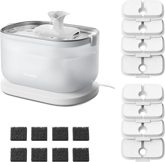 Bundle of PETLIBRO Cat Water Fountain Stainless Steel with Wireless Pump, 2.5L/84oz Dockstream Pet Water Fountain + PETLIBRO Replacement Filters, 4 Months Set of Replacement Filters 8 Count - PAWPICO