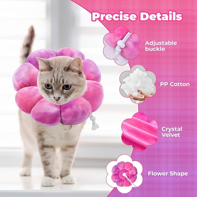 Flower Cat Cone, Uadonile Adjustable Cat Cone Collar, Soft Dog Elizabethan Collar Recovery E Collar After Surgery, Recovery E-Collar for Kittens/Puppies and Cats Recovery(Tie-dye Rose Purple, M) Uadonile