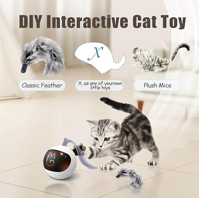 Migipaws Interactive Cat Ball Toy Set, Fun Tracker, Automatic Rolling Chase Ball with Fluffy Tail, A Small Mice, Rechargeable（White） - PAWPICO