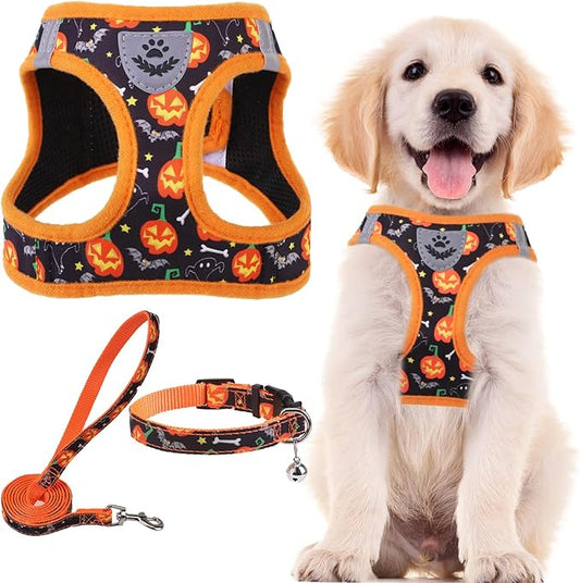 PUPTECK Adjustable Dog Harness Collar and Leash Set Step in No Pull Pet Harness for Small Medium Dogs Puppy and Cats Outdoor Walking Running, Soft Mesh Padded Reflective Vest Harnesses, Halloween, M PUPTECK