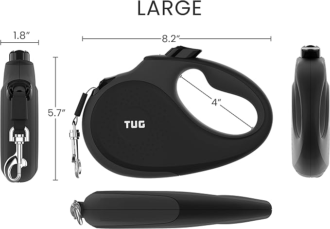 TUG 360° Tangle-Free Retractable Dog Leash with Anti-Slip Handle | 16 ft Strong Nylon Tape | One-Handed Brake, Pause, Lock (Large, Black/Grey) TUG