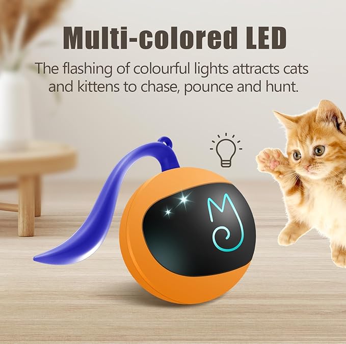 Migipaws Interactive Cat Ball Toy Set, Fun Tracker, Automatic Rolling Chase Ball with Fluffy Tail, A Small Mice, Rechargeable（Orange） - PAWPICO