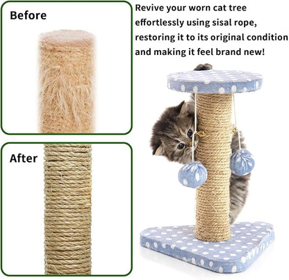 Cat Natural Sisal Rope 8mm 98-Feet for Scratching Post Tree Tower Replacement Repair and Replace, DIY Hemp Twine Rope for Cat Scratching Furniture Window Perch and Crafts Gardening Home Decorating - PAWPICO