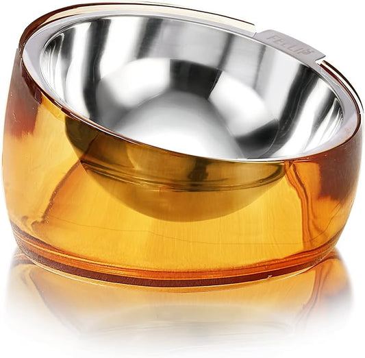 Felli Pet Oblik Acrylic Raised Dog Food Water Bowl Stainless Steel Slanted Oval Dish for Short Leg Puppy & Small Medium Pet, Elevated Tilted Metal Feeder Angled Plastic Spill Proof (1.5Cups, Gold) - PAWPICO