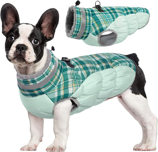 FUAMEY Dog Winter Coat,Dog Jackets with Harness Built in Dog Cold Weather Coats Dog Paded Vest Dog Apparel with Zipper on Back Pet Reflective Clothes for Small Medium Large Dogs Green Plaid S - PAWPICO